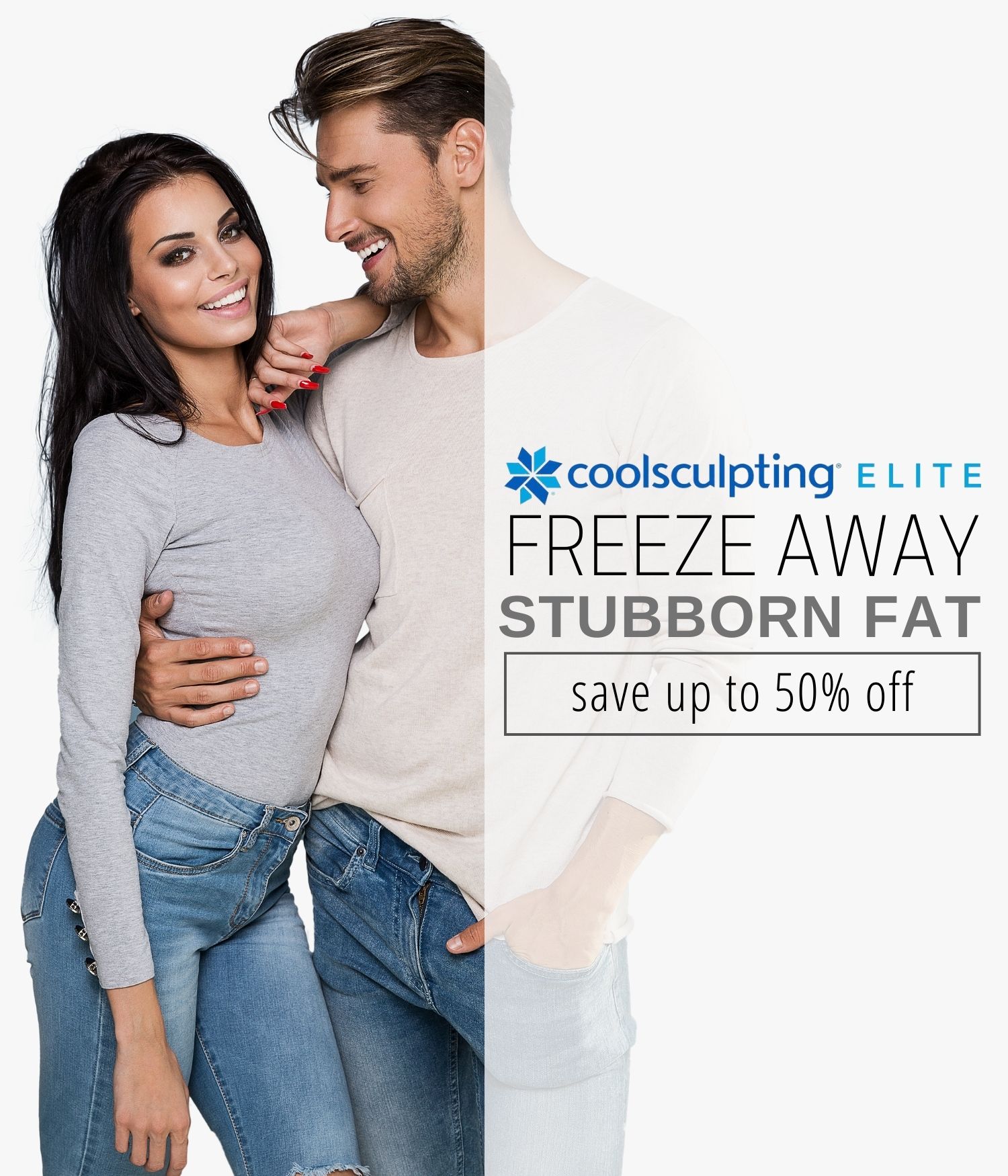 Couple with fit body promoting a CoolSculpting Elite Treatment